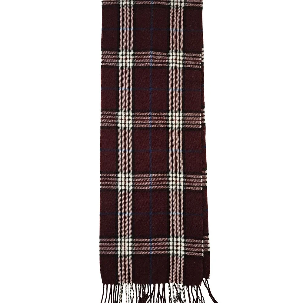 Eddie Bauer Burgundy Plaid Fringed Scarf Acrylic Checkered Wrap S01807